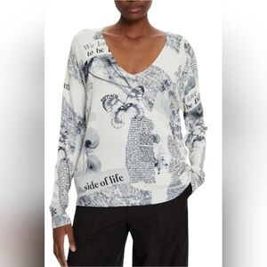Desigual Thin Knit Graphic Print V-Neck Relaxed Fit Sweater XS
